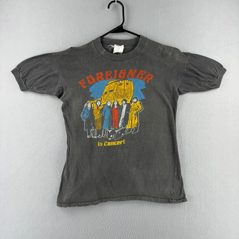 Vintage 70s Foreigner T Shirt Mens Fits Small Faded Black Band Thin 100% Cotton